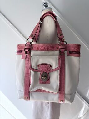 Coach Legacy Slim Tote Rare Pink Croc Embossed Leather Trim Canvas Bag Turnlock